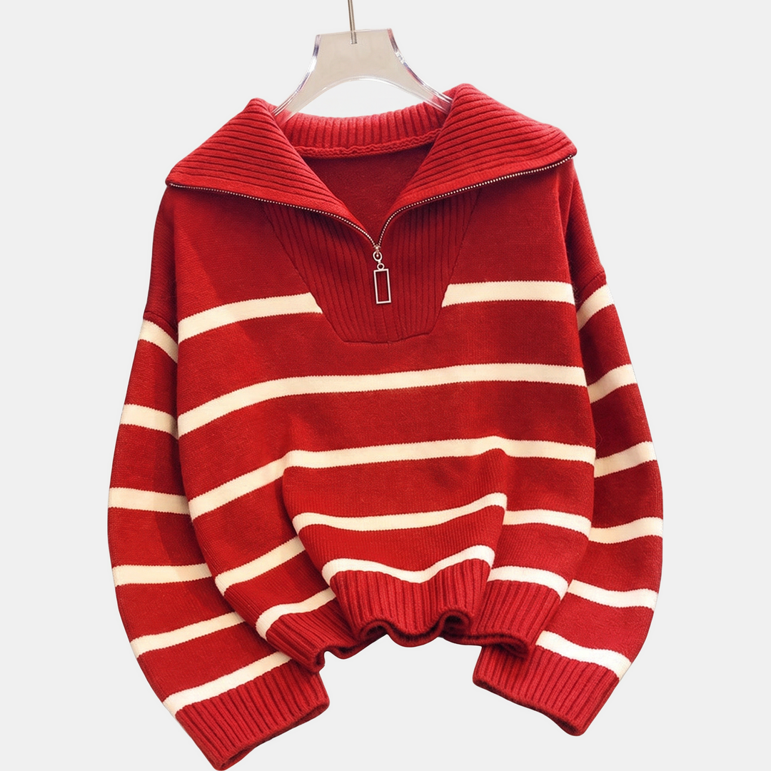 Women's Quarter Zip Oversized Striped Knit Sweater