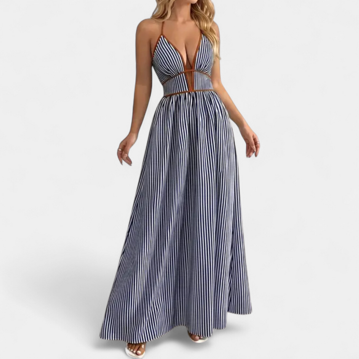 CASPIENNE | Striped V-Neck Halter Maxi Dress
