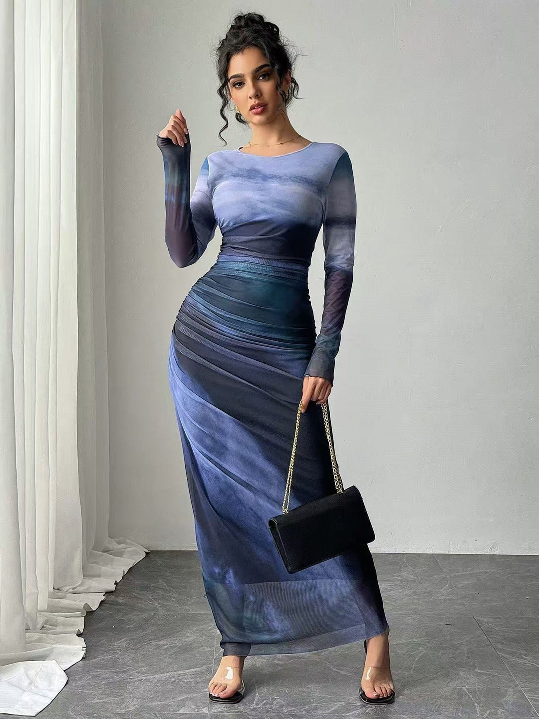 TORINA | Comfy Printed Long Sleeve Round Neck Bodycon Maxi Dress