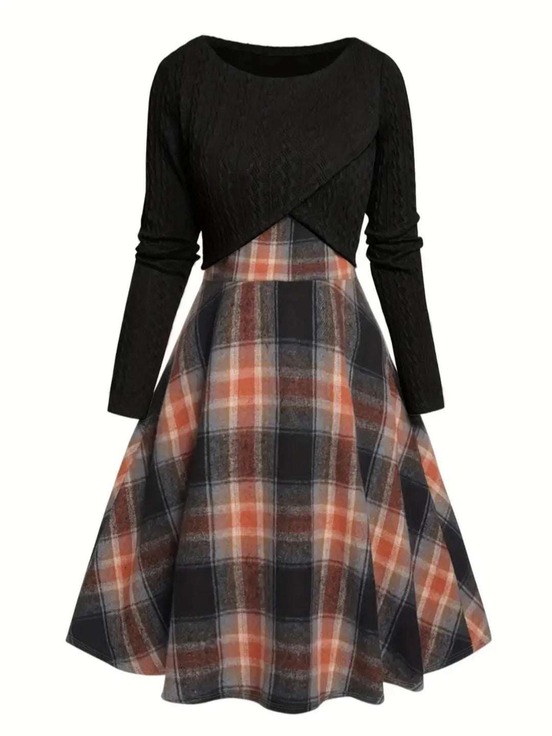 JORY | Vintage Round Neck Long Sleeve Crop Top and Plaid Dress