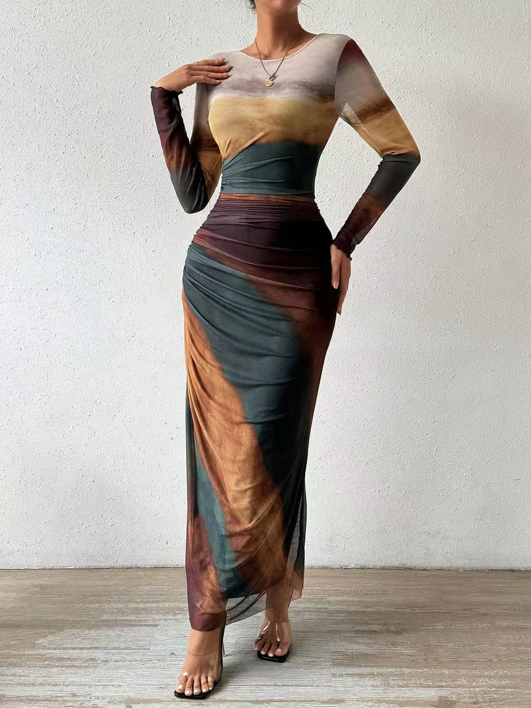 TORINA | Comfy Printed Long Sleeve Round Neck Bodycon Maxi Dress