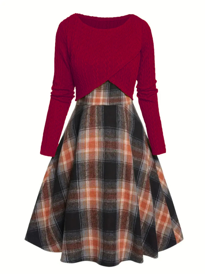 JORY | Vintage Round Neck Long Sleeve Crop Top and Plaid Dress