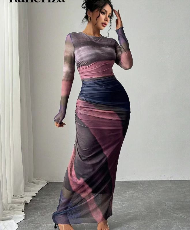 TORINA | Comfy Printed Long Sleeve Round Neck Bodycon Maxi Dress