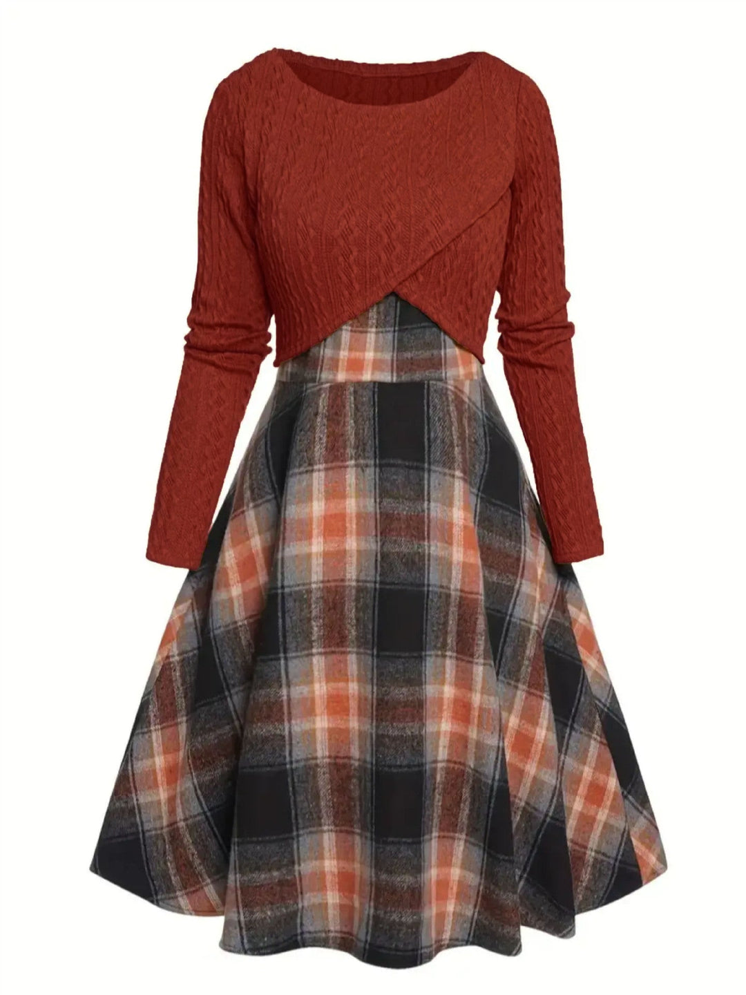 JORY | Vintage Round Neck Long Sleeve Crop Top and Plaid Dress