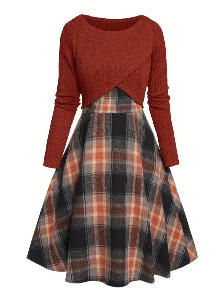JORY | Vintage Round Neck Long Sleeve Crop Top and Plaid Dress