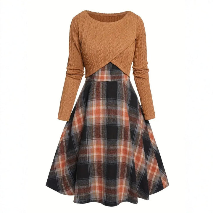 JORY | Vintage Round Neck Long Sleeve Crop Top and Plaid Dress