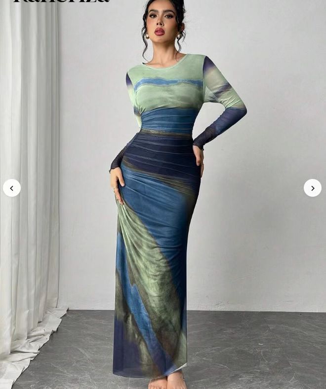 TORINA | Comfy Printed Long Sleeve Round Neck Bodycon Maxi Dress