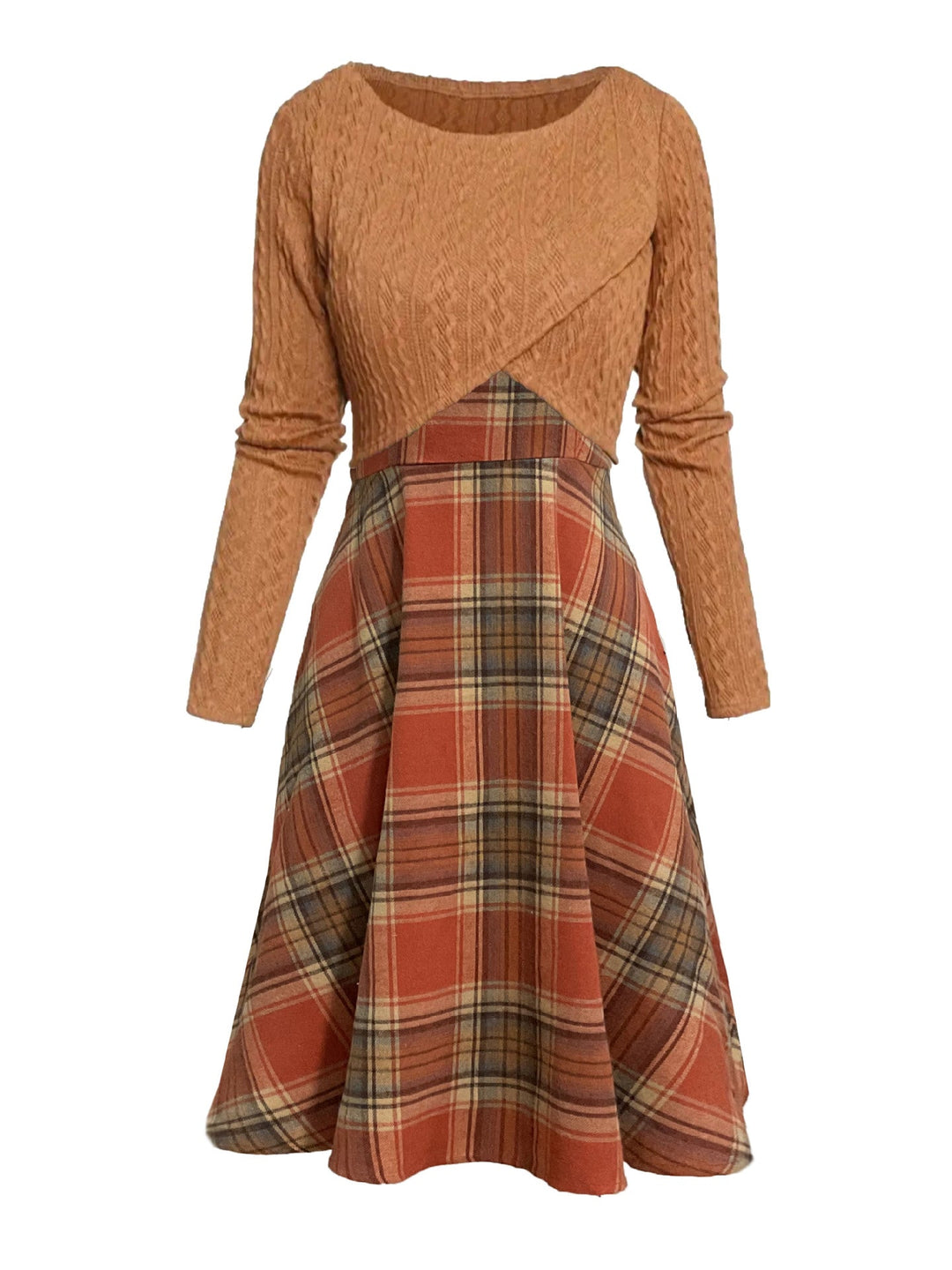 JORY | Vintage Round Neck Long Sleeve Crop Top and Plaid Dress