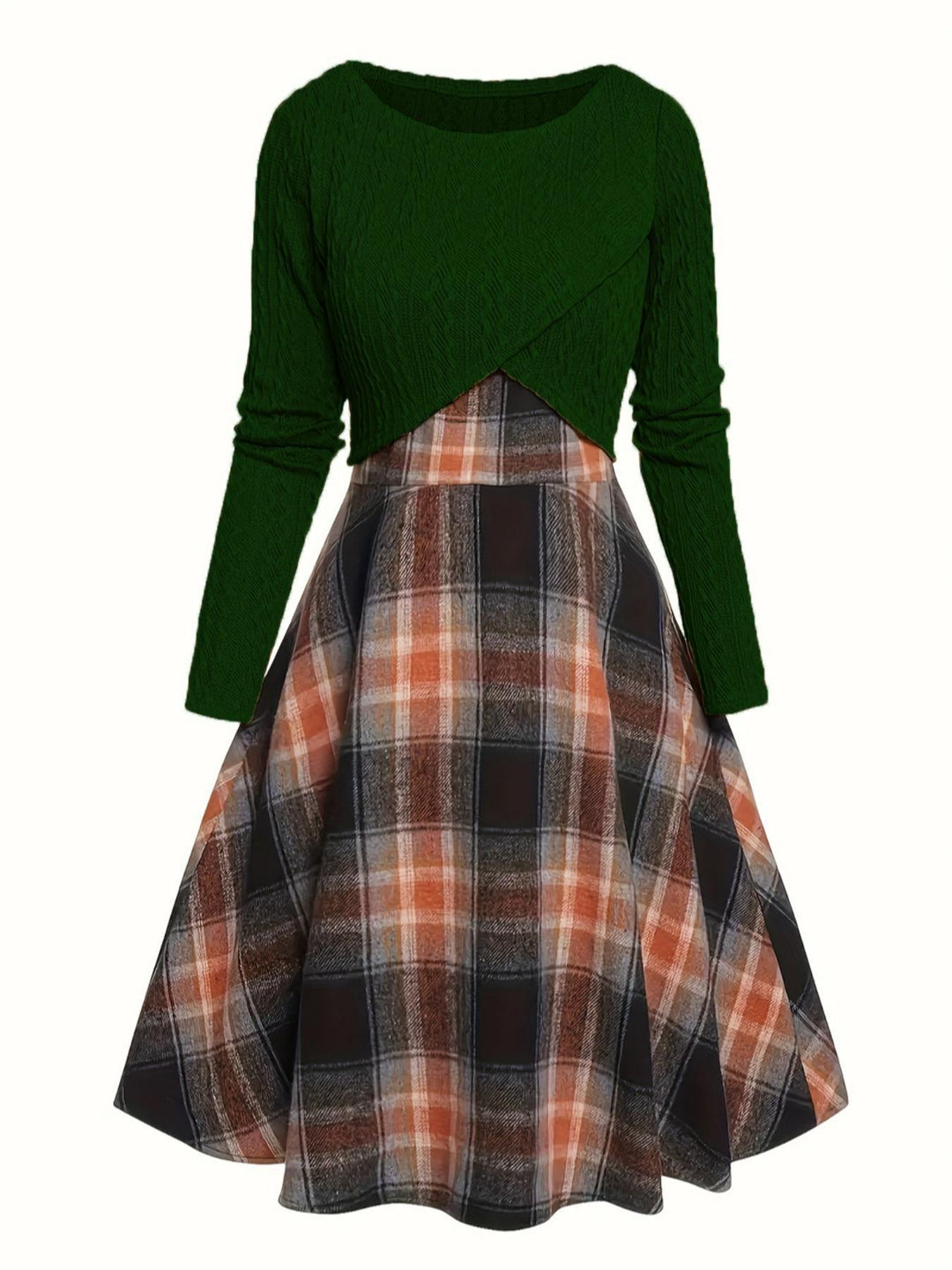 JORY | Vintage Round Neck Long Sleeve Crop Top and Plaid Dress