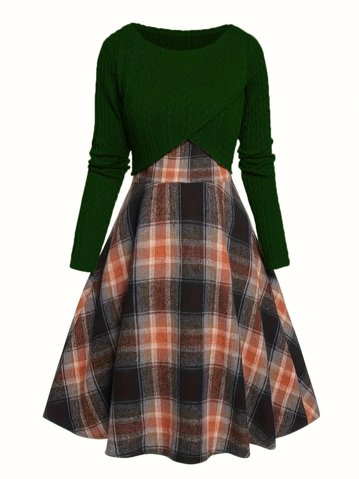JORY | Vintage Round Neck Long Sleeve Crop Top and Plaid Dress