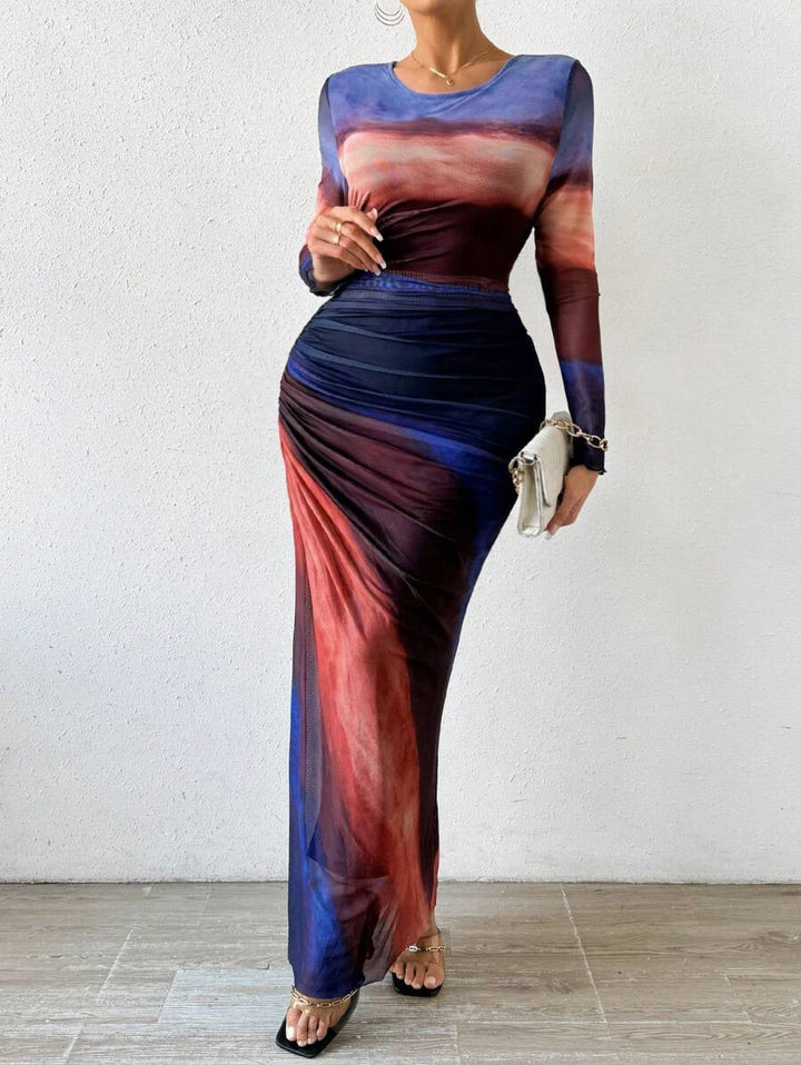 TORINA | Comfy Printed Long Sleeve Round Neck Bodycon Maxi Dress