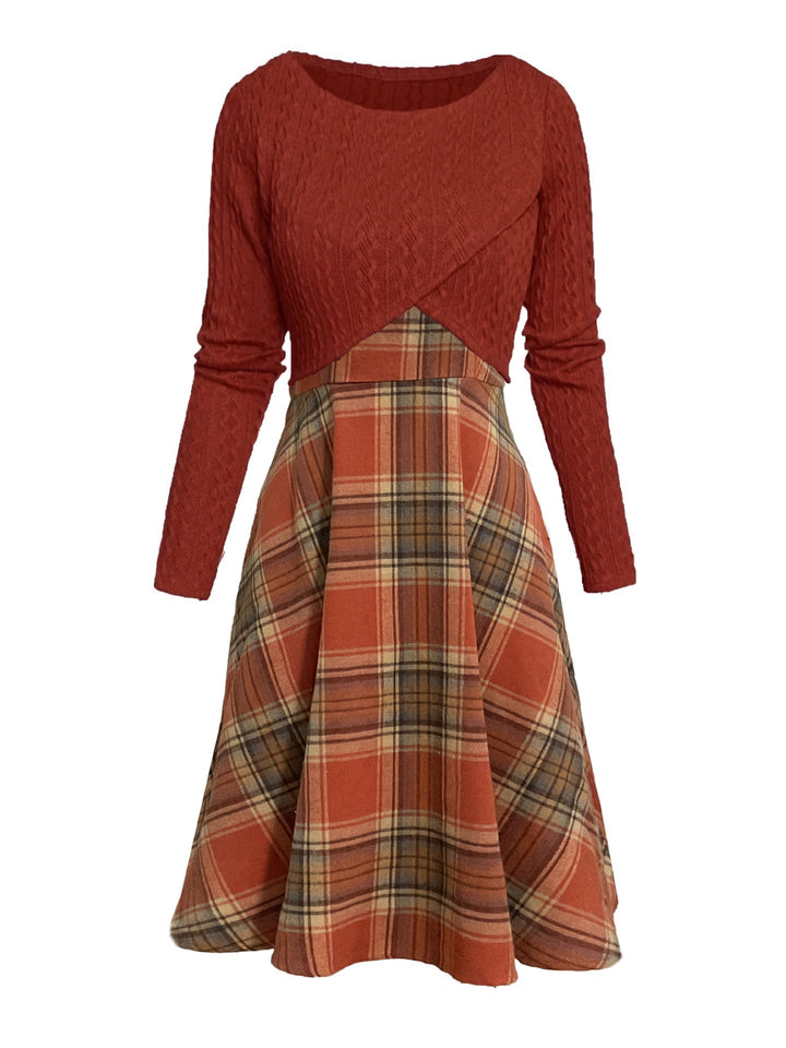 JORY | Vintage Round Neck Long Sleeve Crop Top and Plaid Dress