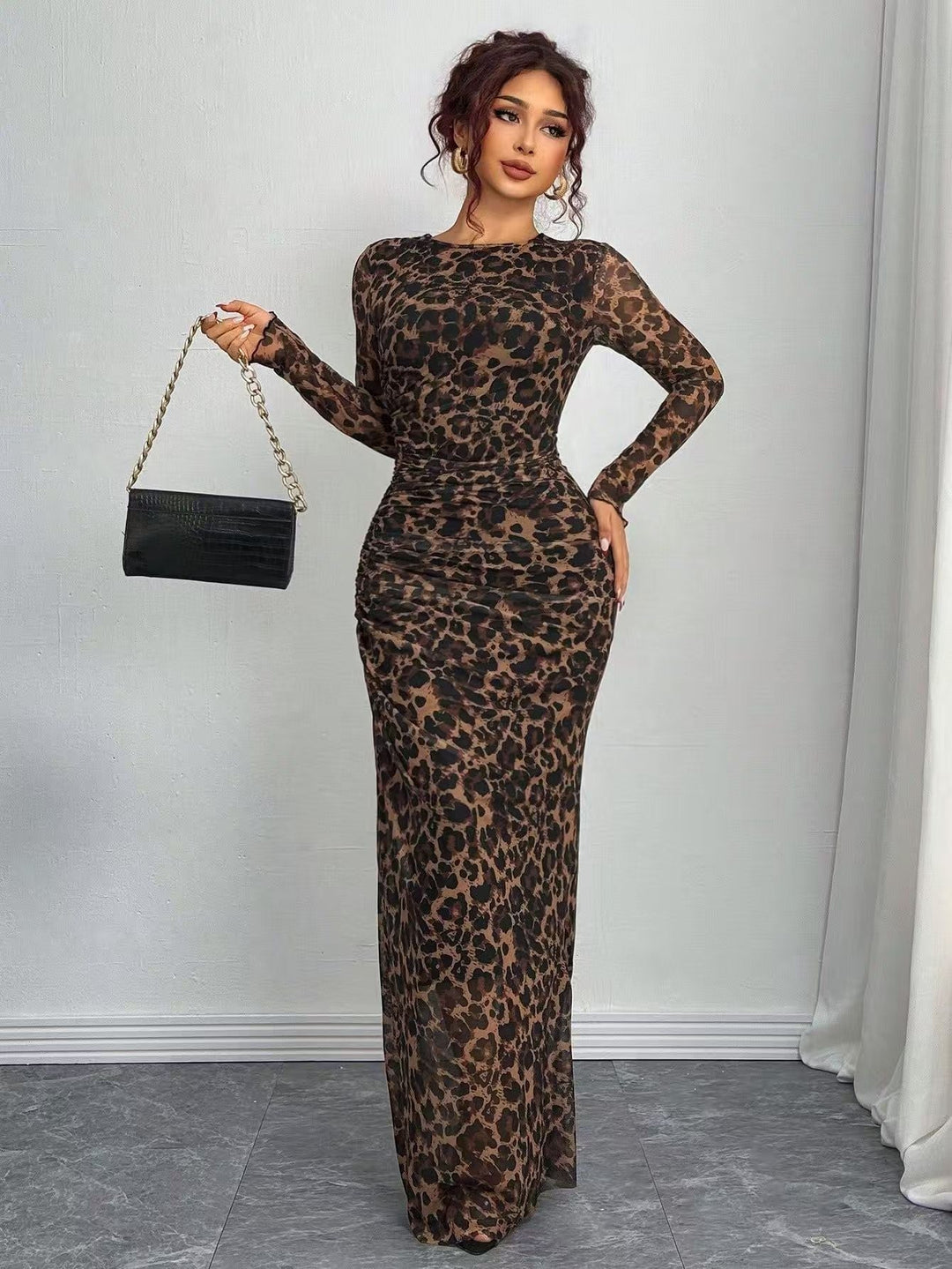TORINA | Comfy Printed Long Sleeve Round Neck Bodycon Maxi Dress