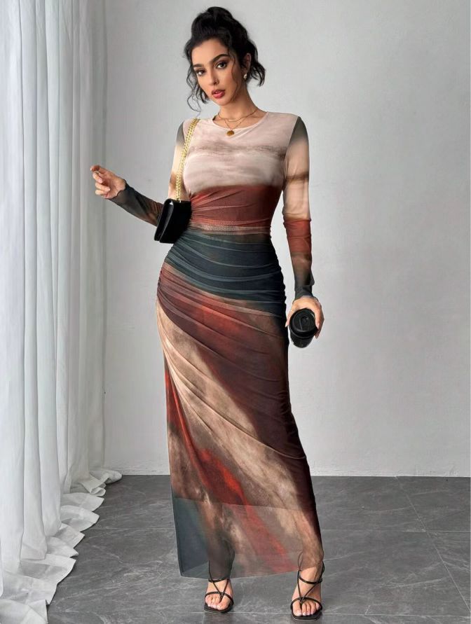 TORINA | Comfy Printed Long Sleeve Round Neck Bodycon Maxi Dress