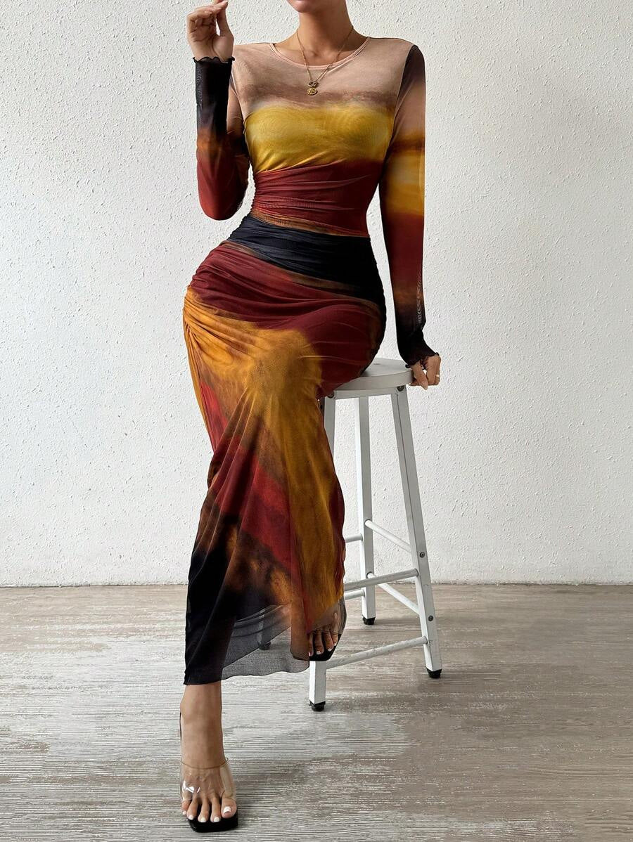 TORINA | Comfy Printed Long Sleeve Round Neck Bodycon Maxi Dress