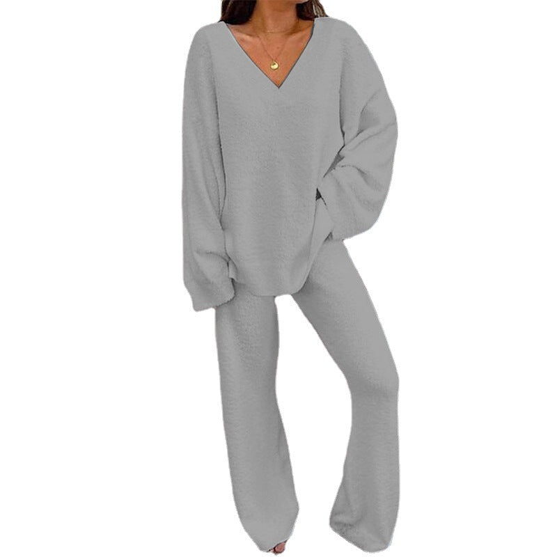 JACE | Women's 2-Piece Lounge Set with V-Neck Top & Wide Leg Pants