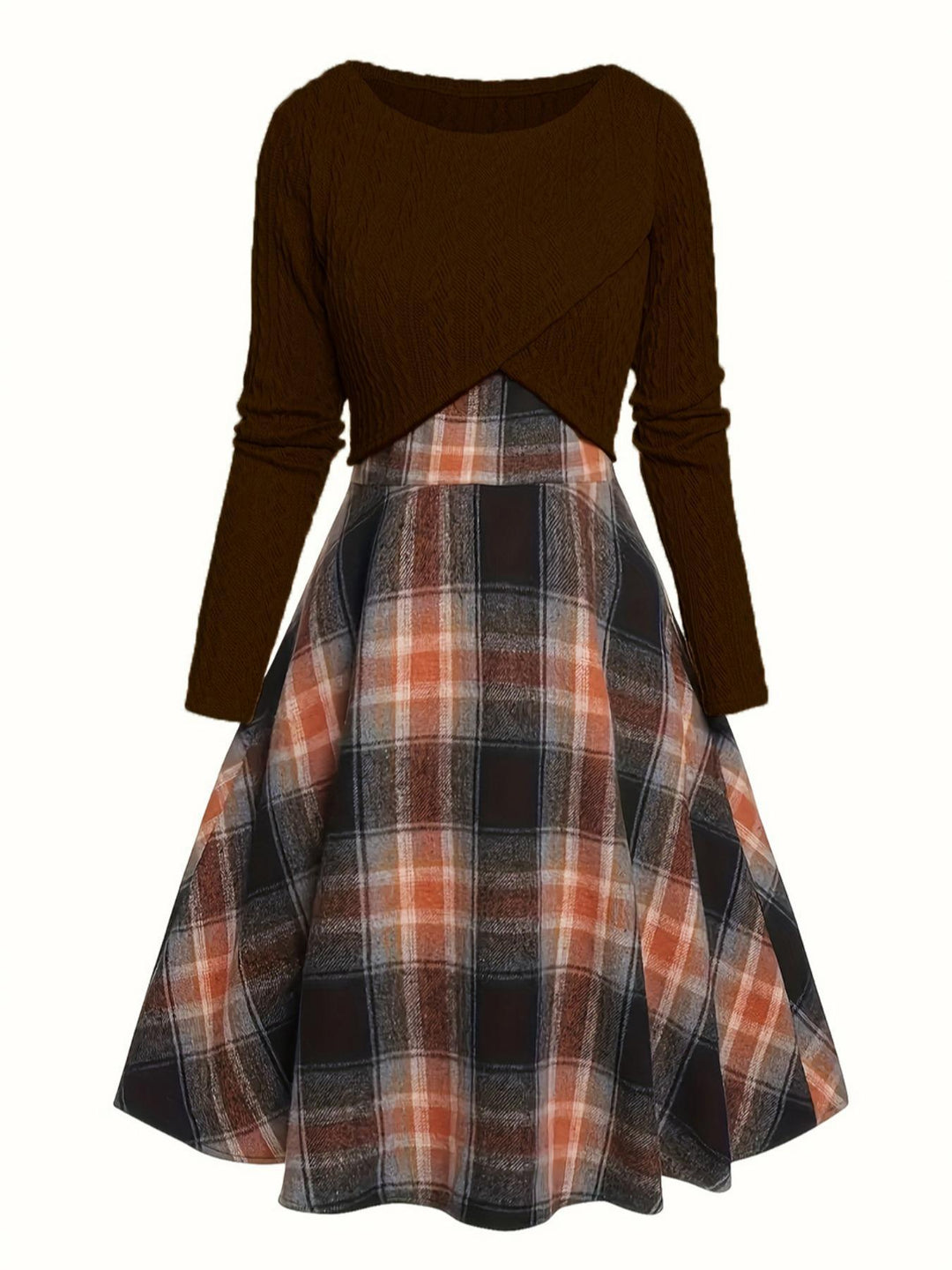 JORY | Vintage Round Neck Long Sleeve Crop Top and Plaid Dress