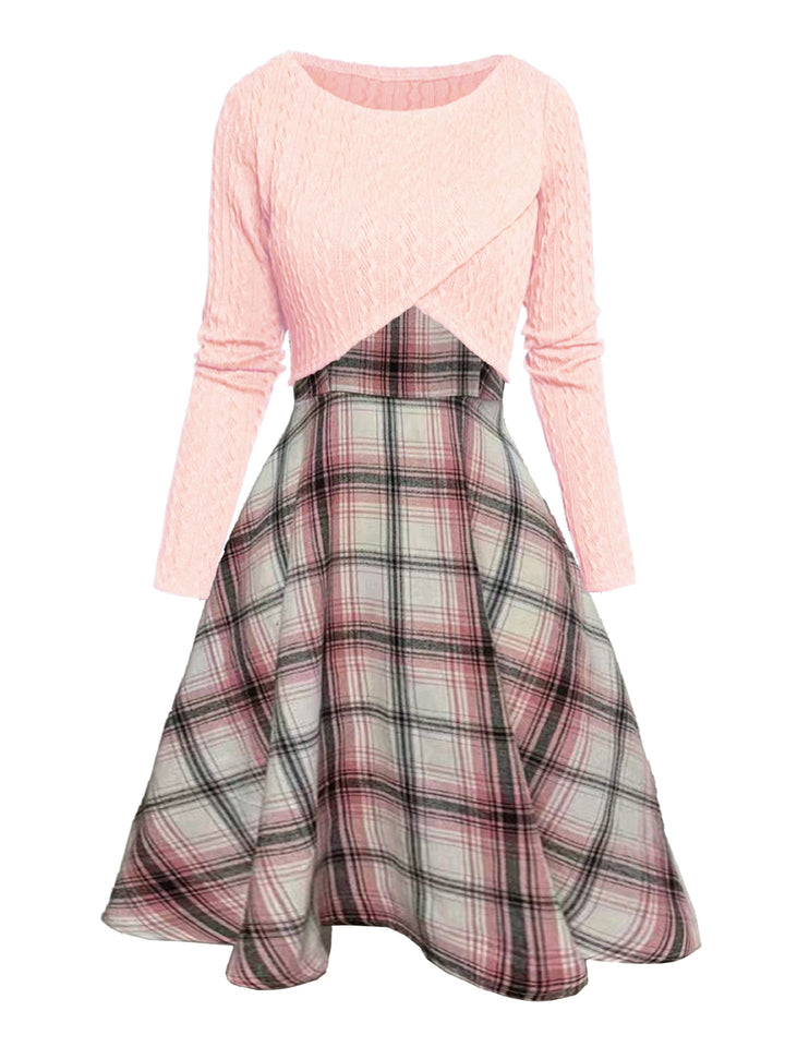 JORY | Vintage Round Neck Long Sleeve Crop Top and Plaid Dress