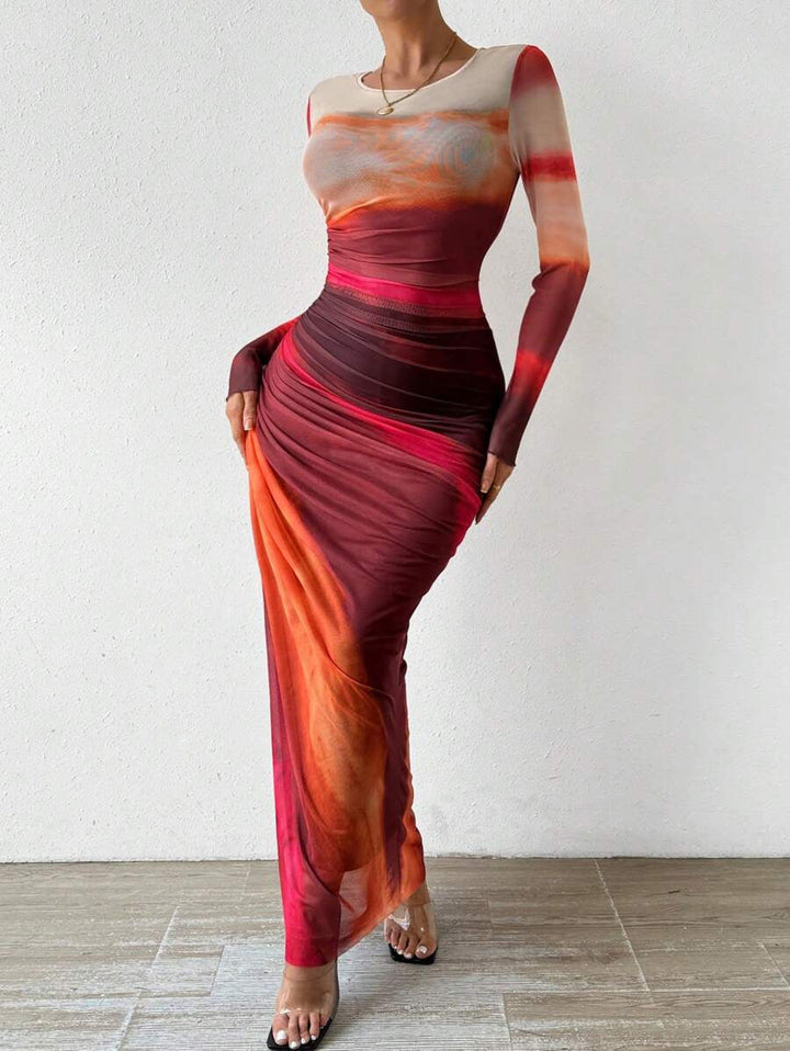 TORINA | Comfy Printed Long Sleeve Round Neck Bodycon Maxi Dress