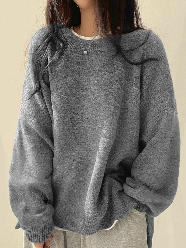 KIARA | Women's Drop Shoulder Split Hem Round Neck Sweater