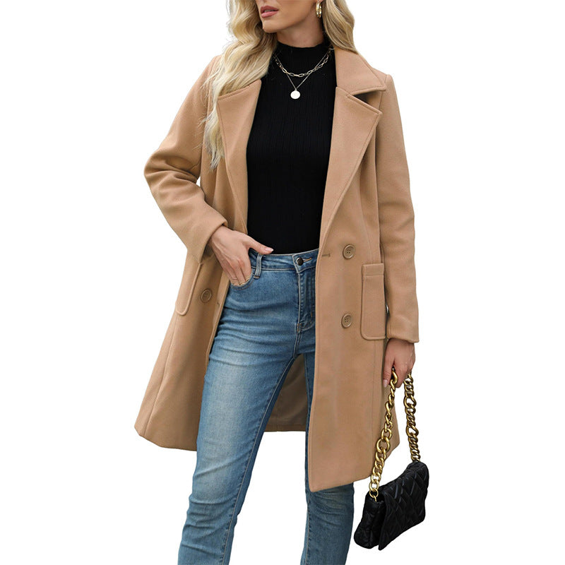 LUCIA | Women’s Camel Wool Blend Double-Breasted Mid-Long Coat