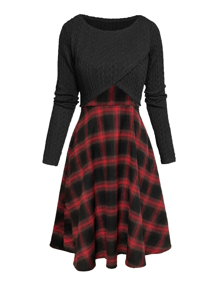 JORY | Vintage Round Neck Long Sleeve Crop Top and Plaid Dress
