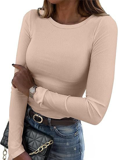 MERIAM | Women Rib Knit Long Sleeve Slim Fit Crewneck Top
