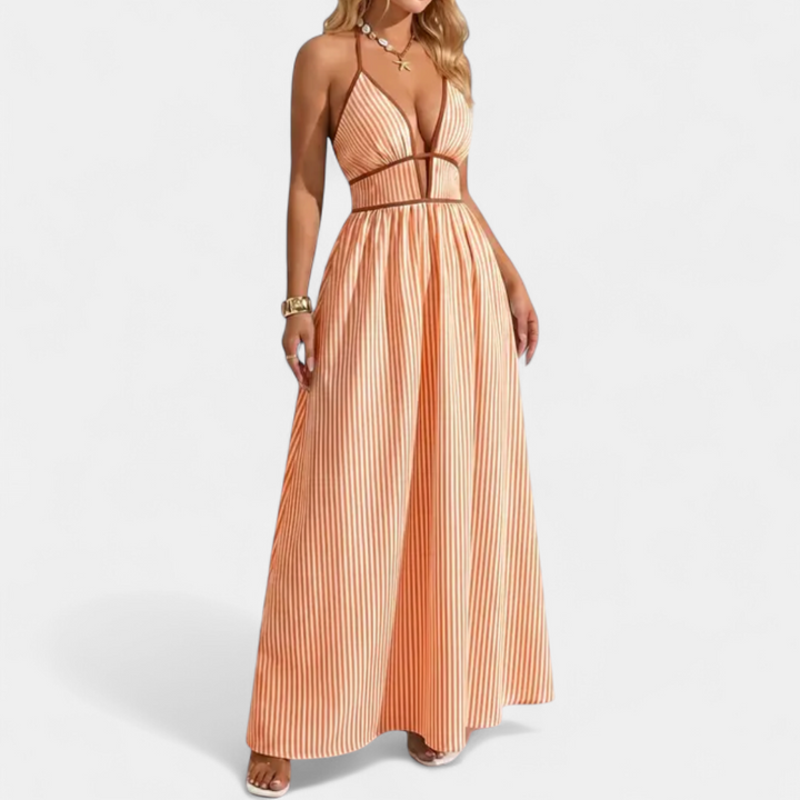 CASPIENNE | Striped V-Neck Halter Maxi Dress