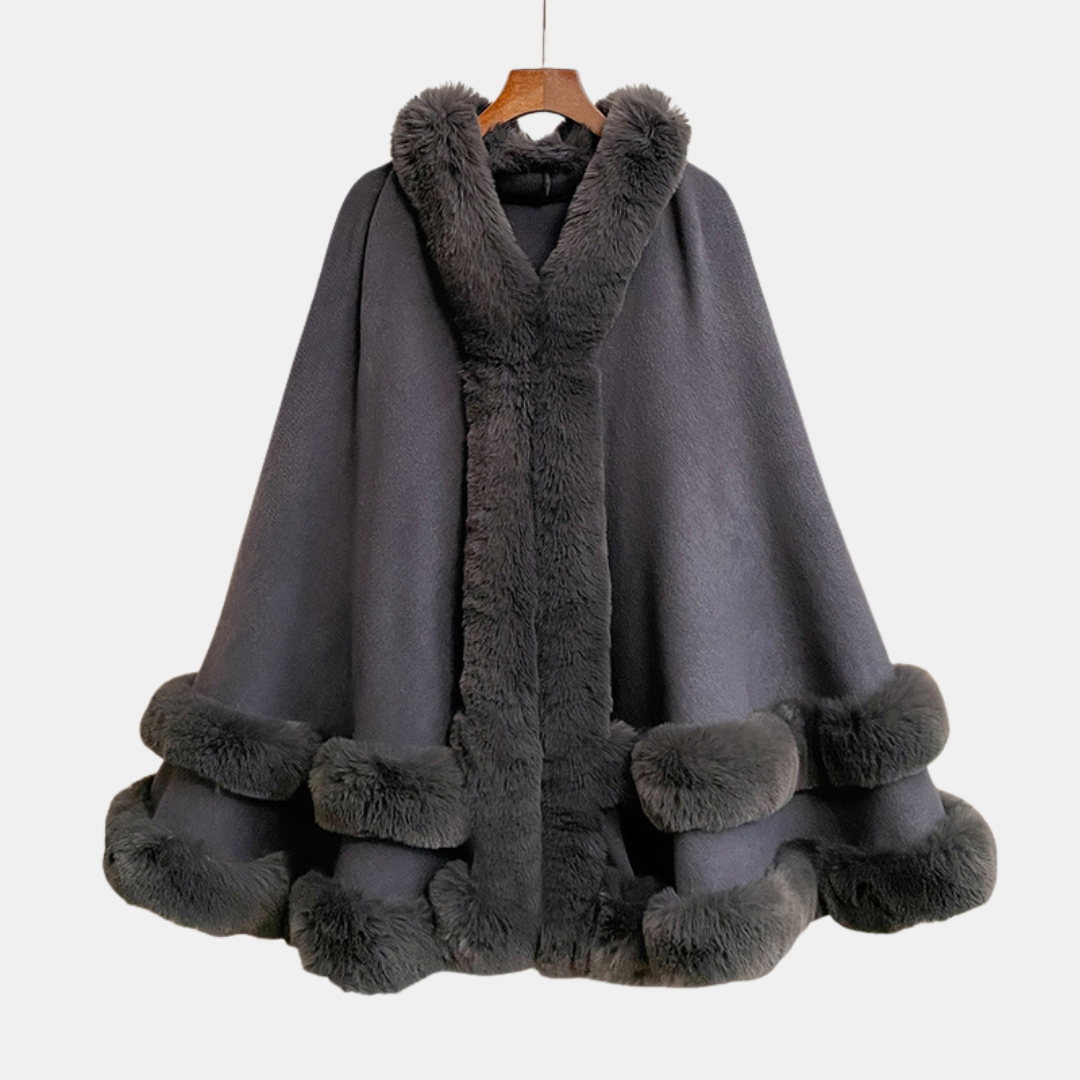 Cape à capuche femme, bordures en fausse fourrure pour l’hiver, coloris gris foncé