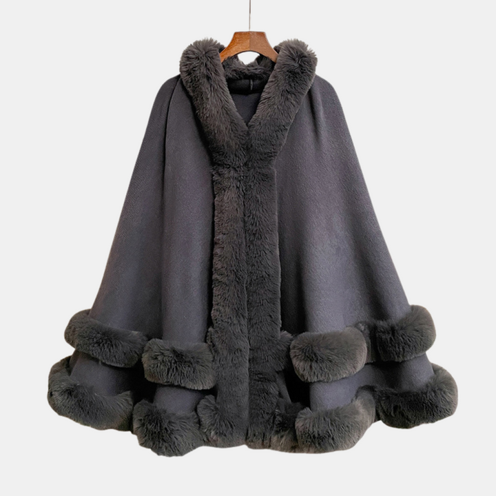 Cape à capuche femme, bordures en fausse fourrure pour l’hiver, coloris gris foncé