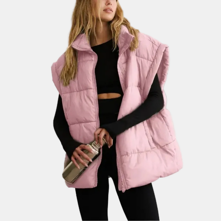 Women's Quilted Puffer Vest with Stand Collar and Front Zip