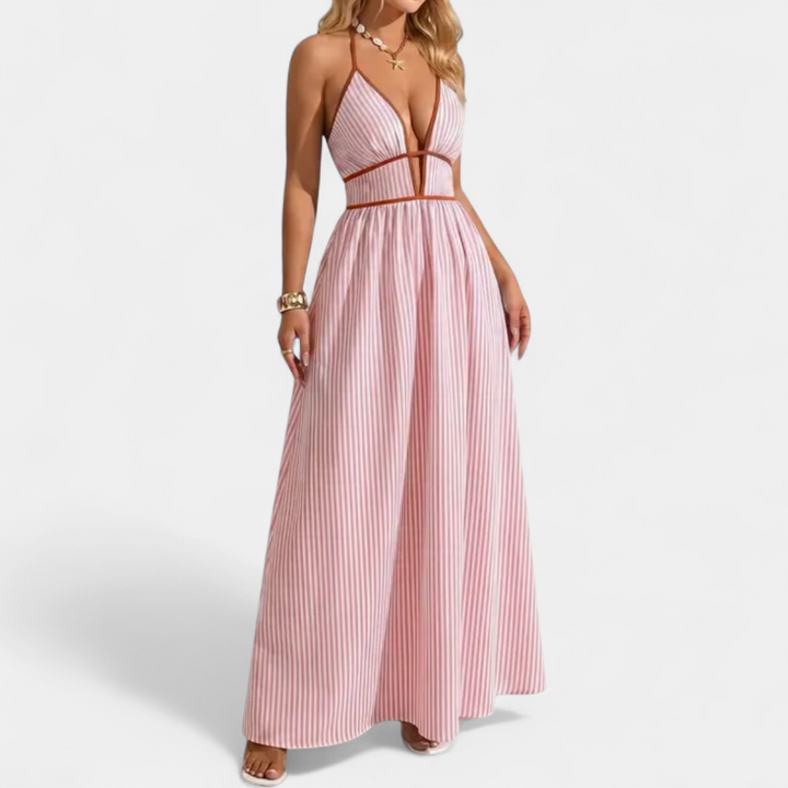 CASPIENNE | Striped V-Neck Halter Maxi Dress