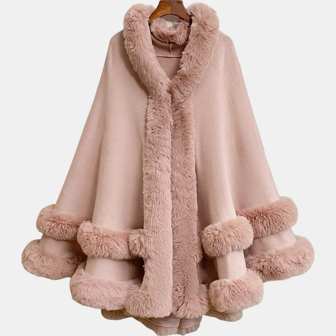 Cape à capuche femme, bordures en fausse fourrure pour l’hiver, coloris vieux rose