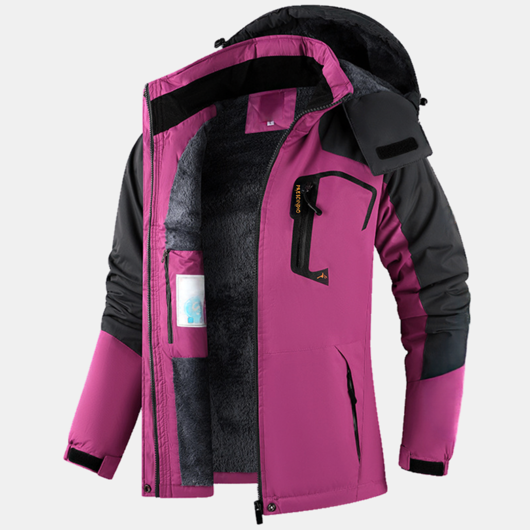 Veste d’hiver femme chaude, doublure polaire et capuche, coloris fuchsia et gris foncé