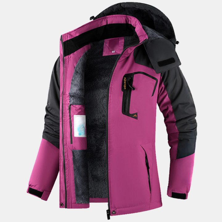 Veste d’hiver femme chaude, doublure polaire et capuche, coloris fuchsia et gris foncé