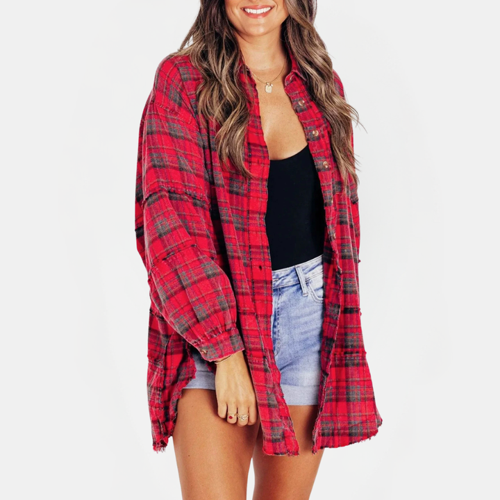 Women's Raw Hem Flannel Shirt Oversized Long Sleeve Blouse