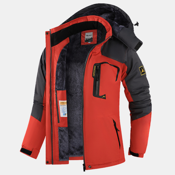 Veste d’hiver femme chaude, doublure polaire et capuche, coloris rouge et gris foncé