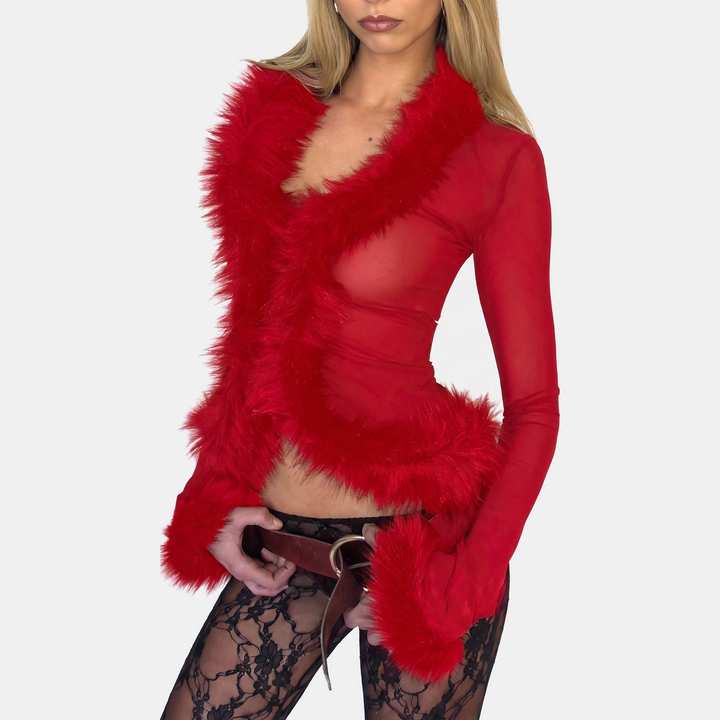 Gilet court femme cache-cœur, manches longues et bordures fausse fourrure, coloris rouge