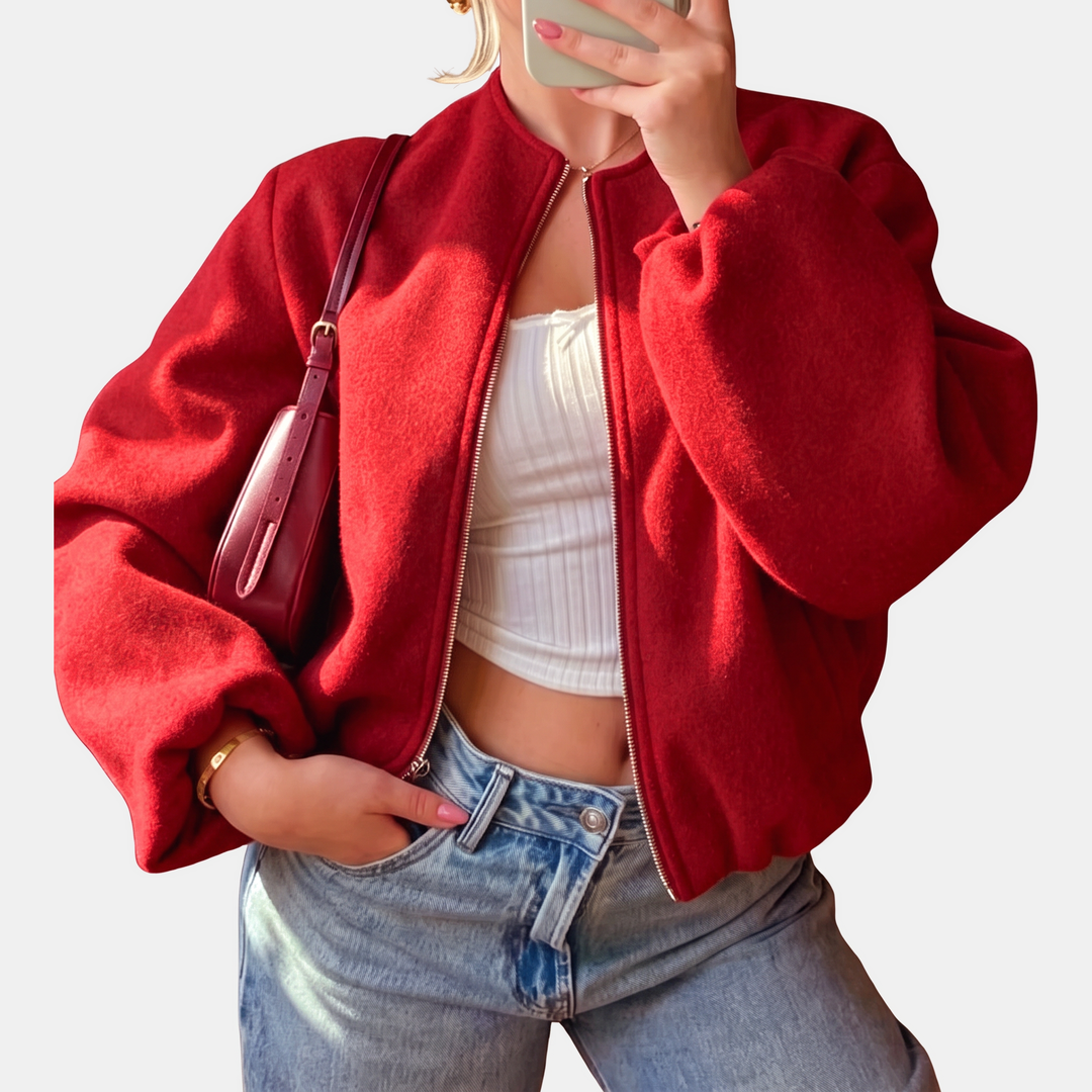 Bomber femme court et oversize, zippé pour la mi-saison, coloris rouge