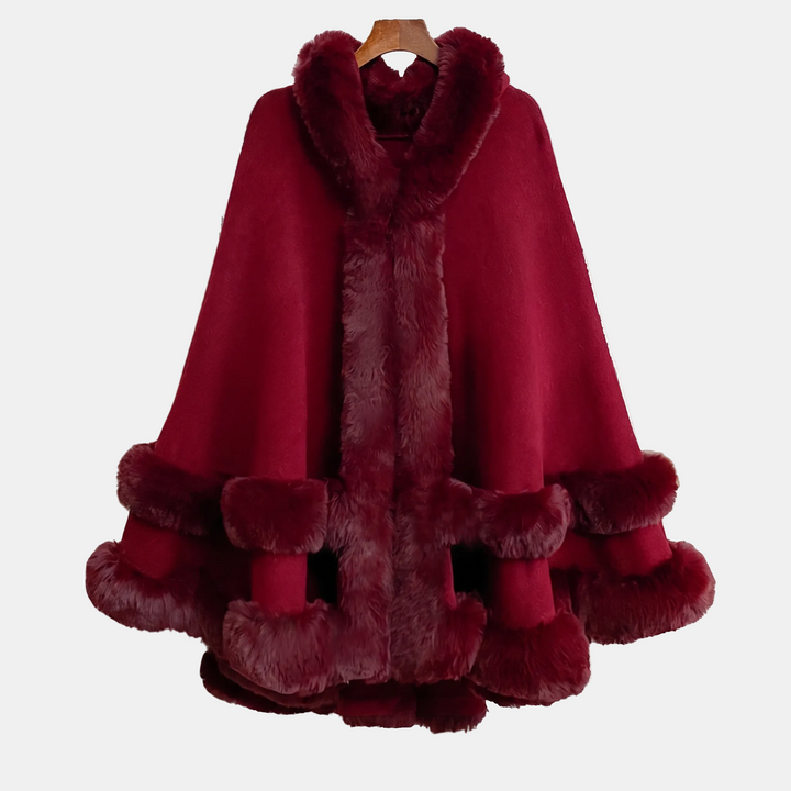 Cape à capuche femme, bordures en fausse fourrure pour l’hiver, coloris bordeaux