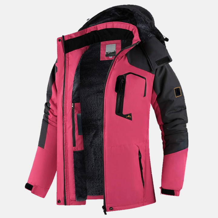 Veste d’hiver femme chaude, doublure polaire et capuche, coloris rose vif et gris foncé