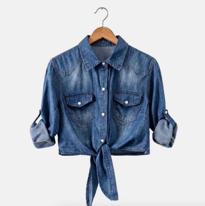 Women's Tie Knot Crop Denim Shirt with Western Snap Button Front