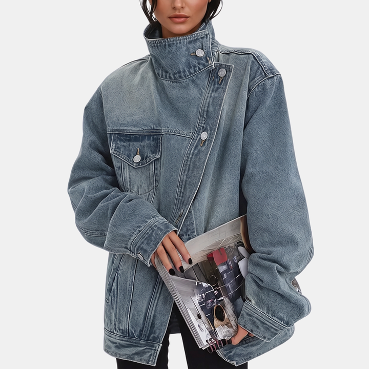 Women's Asymmetrical Button Front Washed Denim Jacket