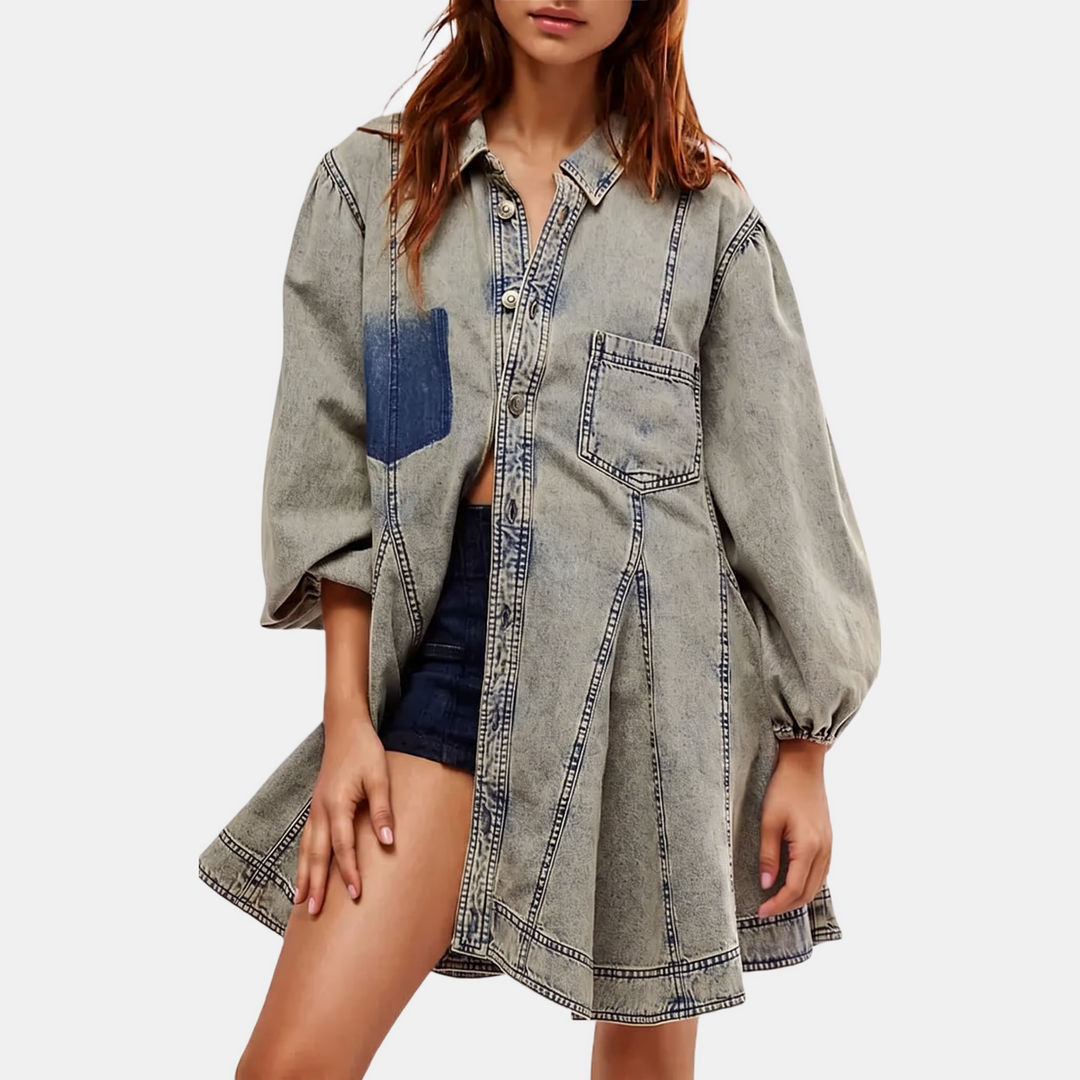 Robe chemise en jean courte pour femme, manches ballon et coupe évasée, coloris bleu clair