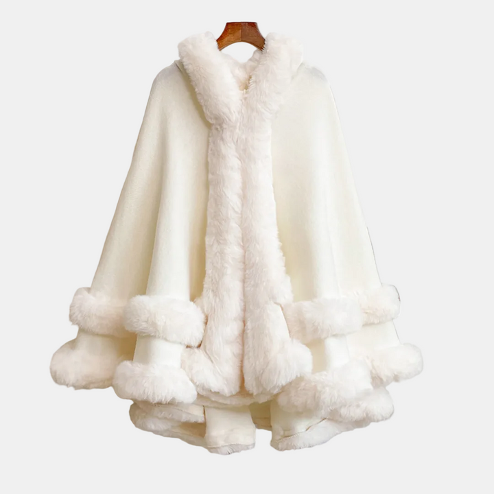 Cape à capuche femme, bordures en fausse fourrure pour l’hiver, coloris blanc cassé