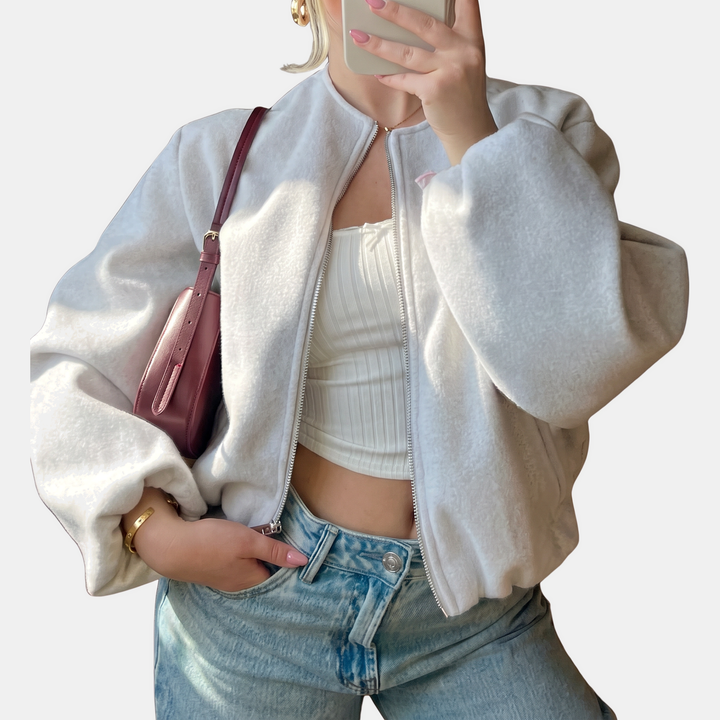 Bomber femme court et oversize, zippé pour la mi-saison, coloris blanc cassé