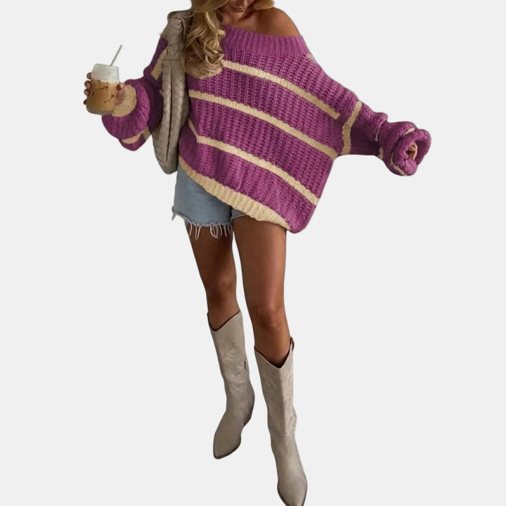 Women's Oversized Off Shoulder Striped Knit Pullover Sweater