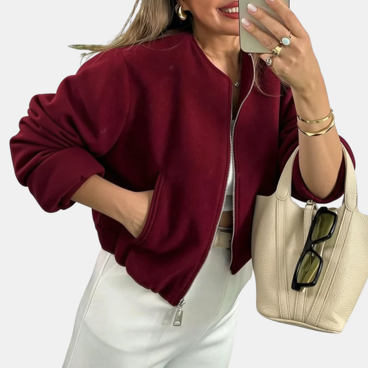 Bomber femme court et oversize, zippé pour la mi-saison, coloris bordeaux
