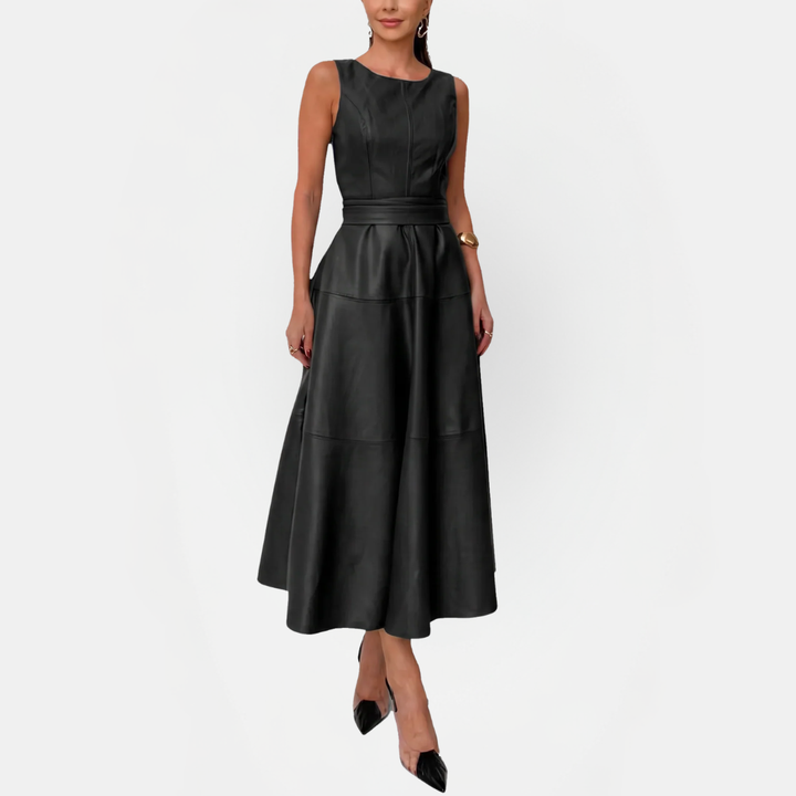 Women's Faux Leather Belted Flared Midi Dress