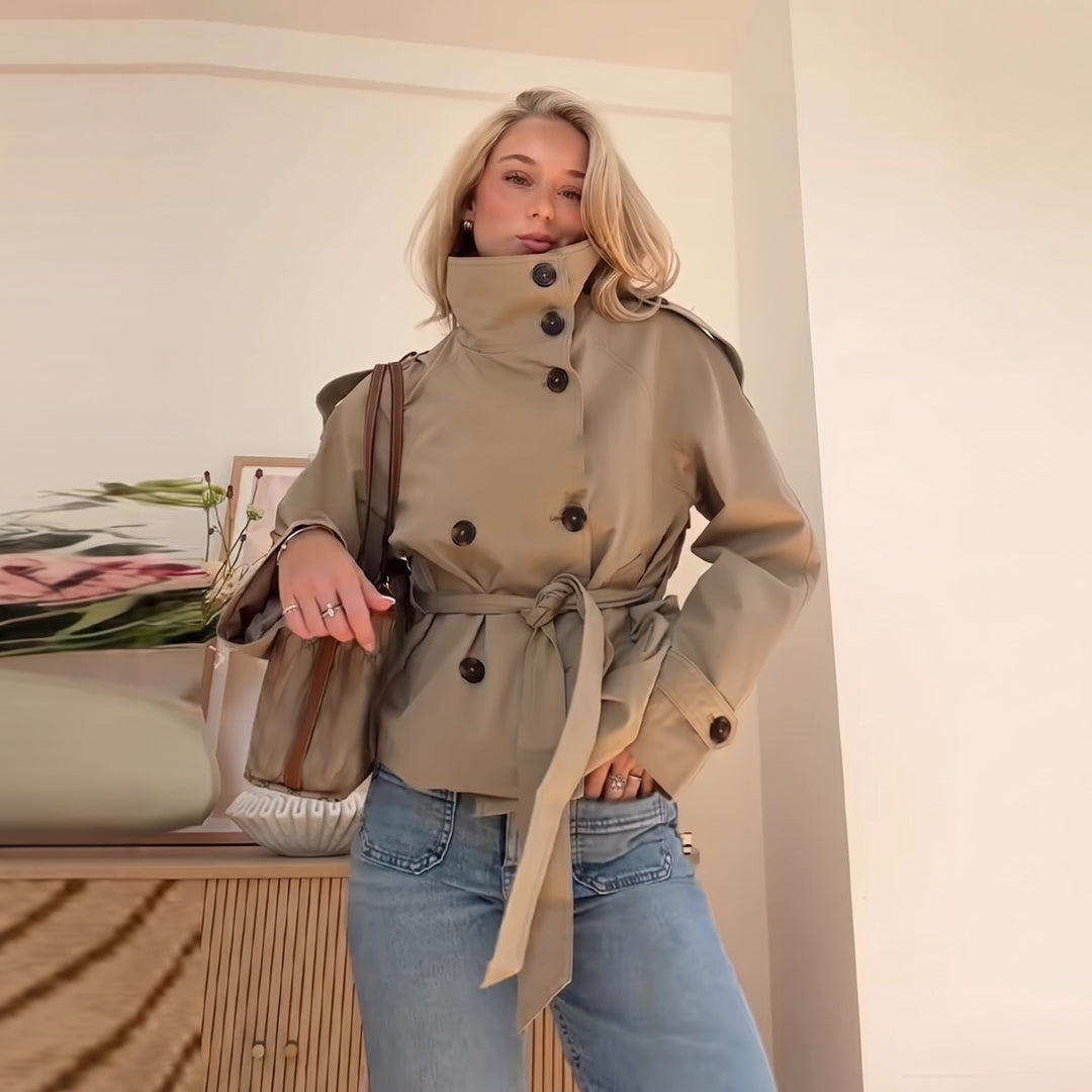 Caban court oversize femme, col montant croisé épaulettes